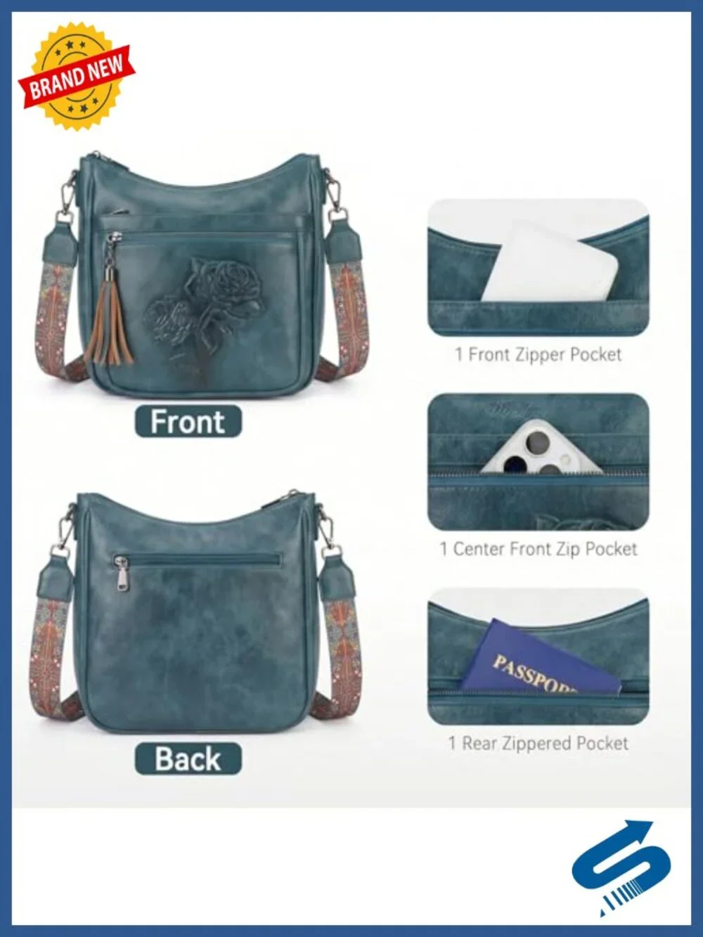 Vegan Leather Hobo Crossbody Bag with Embossed Floral Pattern